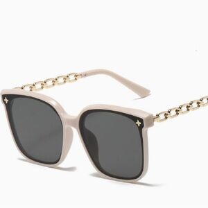 Beige Square Sunglasses with Gold Chain Arms